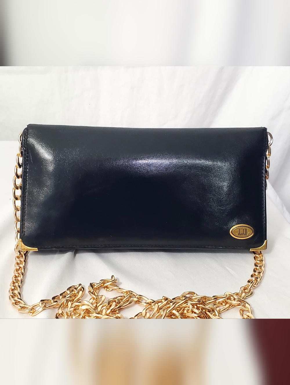 Dunhill Black Leather Clutch with Gold Chain Strap